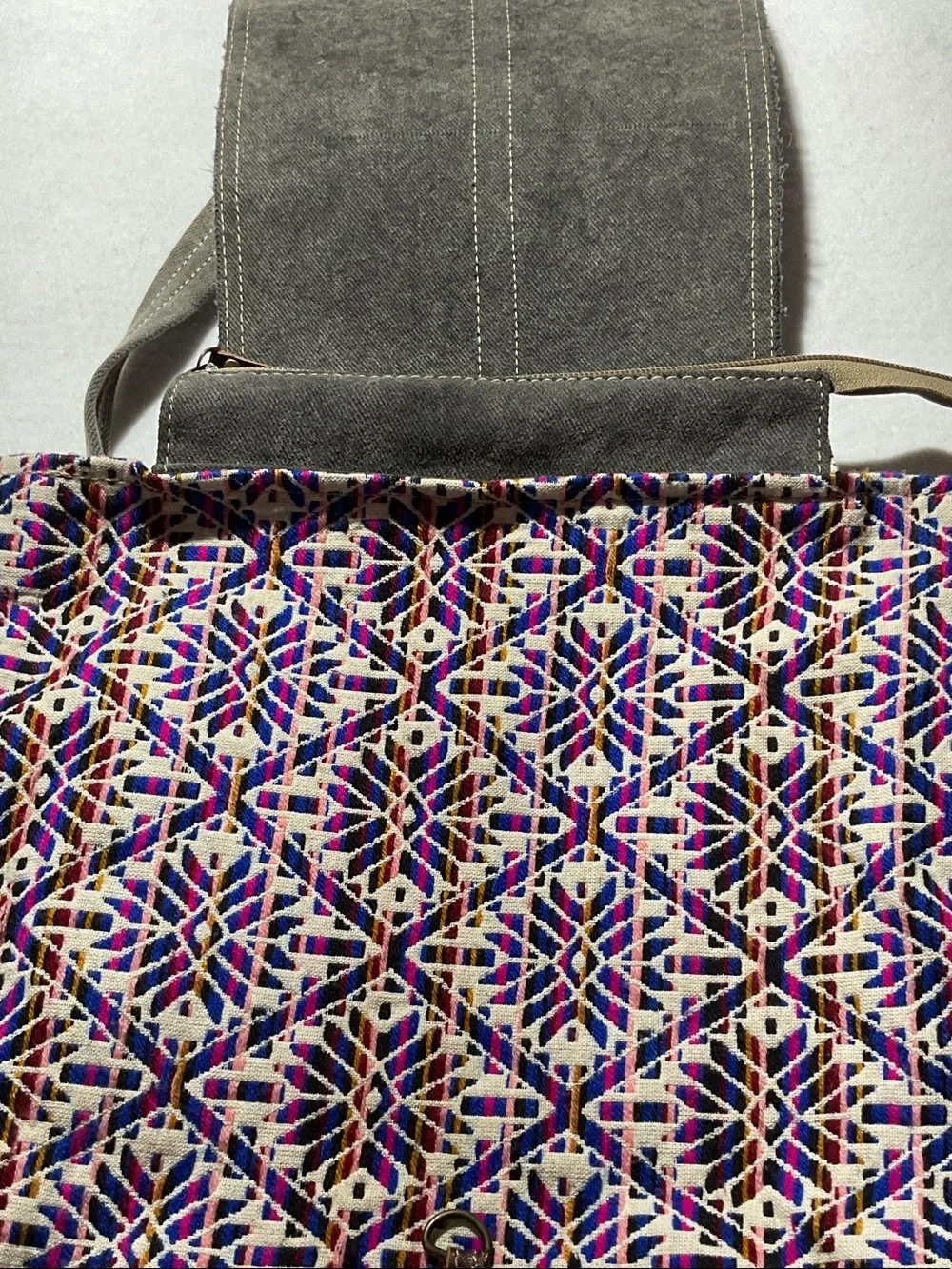 Myra Bag Multicolor Geometric Backpack with Gray Haircalf Flap